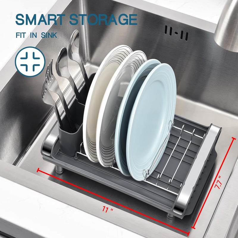 TOOLF Small Dish Drying Rack, Mini Expandable Compact Dish Rack, Slim Extendable Stainless Steel Dish Drainer for Kitchen Plate Storage, Space Saving Dish Strainer in Sink or on Home Countertop, Gray - Image 3